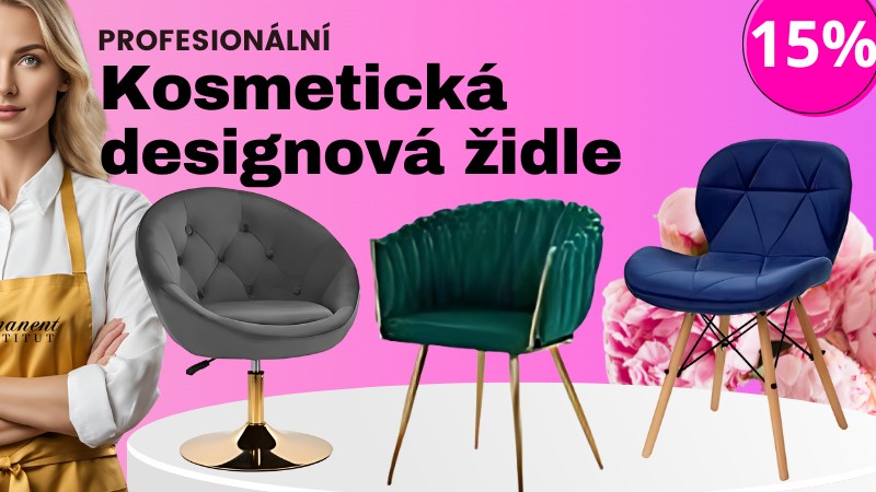 Kosmetička ukazuje tři kosmetické designové židle v šedé, zelené a modré barvě. Sleva 15%.